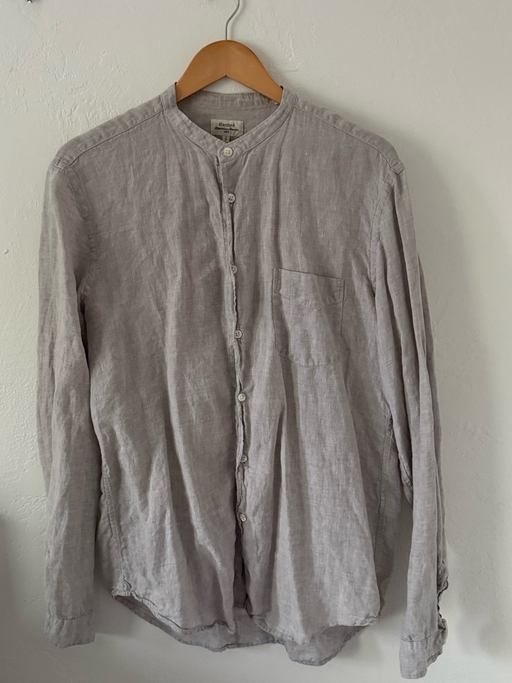 Hartford Light Gray Linen Band Collar Shirt